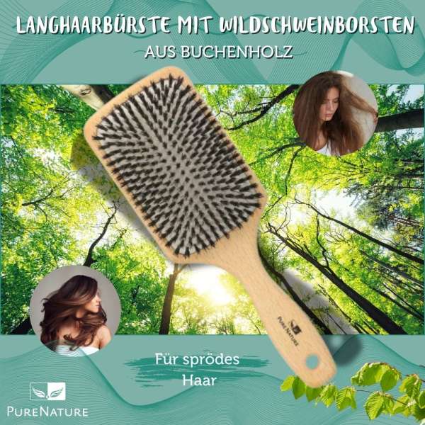 Langhaarbürste mit Wildschweinborsten, Paddle aus Buchenholz