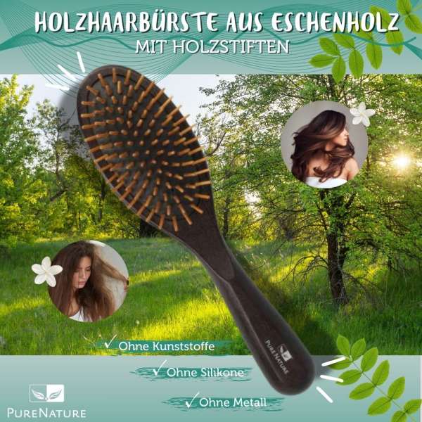 PureNature Holzhaarbürste aus Eschenholz mit Holzstiften