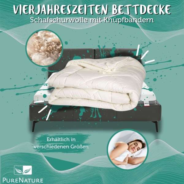 PureNature Vierjahreszeiten Bettdecke Schafschurwolle mit Knüpfbändern