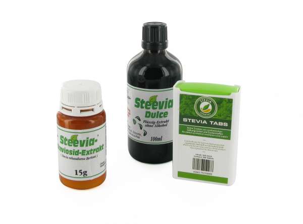 Stevia kaufen im Sparset: Tabs, Pulver & flüssige Süßkraft Stevia kaufen im Sparset: Tabs, Pulver & flüssige Süßkraft