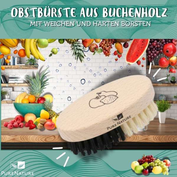 PureNature Obstbürste aus Buchenholz mit weichen und harten Borsten