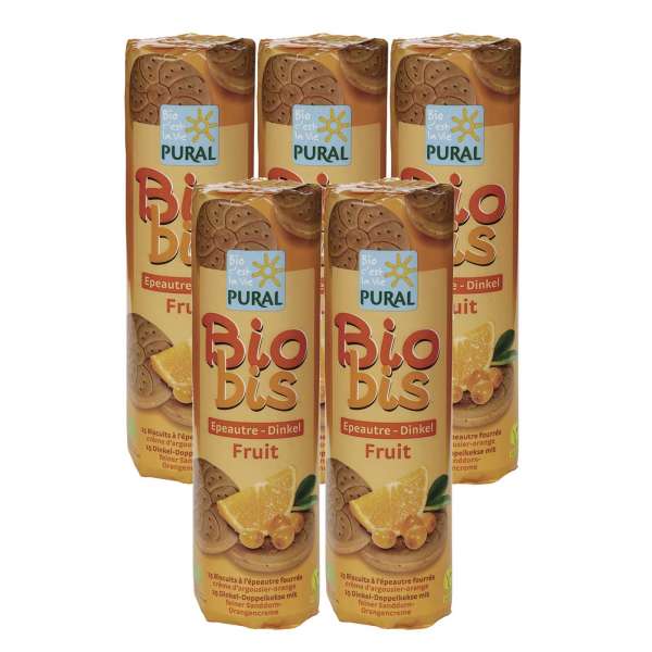 Dinkel Doppelkekse mit Füllung aus Sanddorn & Orange im Sparpack Dinkel Doppelkekse mit Füllung aus Sanddorn & Orange im Sparpack