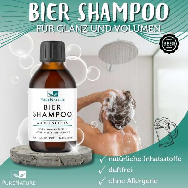 PureNature Bier Shampoo ohne Parfüm - stärkt die Haare & gibt Volumen