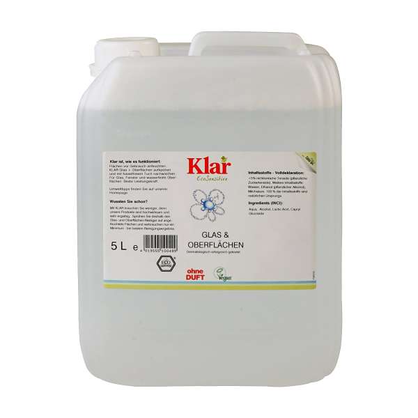Klar Glasreiniger 5 Liter Kanister - duftfrei & umweltfreundlich Klar Glasreiniger 5 Liter Kanister - duftfrei & umweltfreundlich