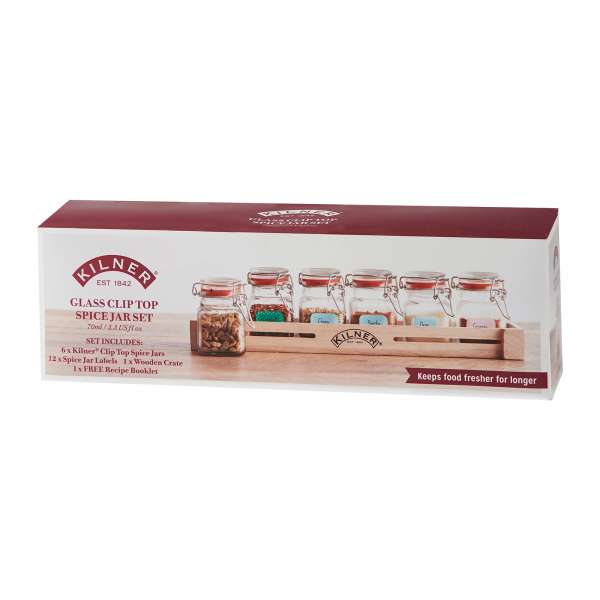 Kilner Gewürzgläser mit Glasdeckel - in dekorativer Holzkiste